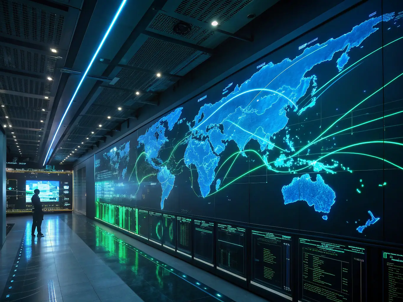 An image depicting an AI policy engine allocating UBI to individuals on a global map, symbolizing the fair and transparent distribution process. The image should convey technological innovation and global reach.
