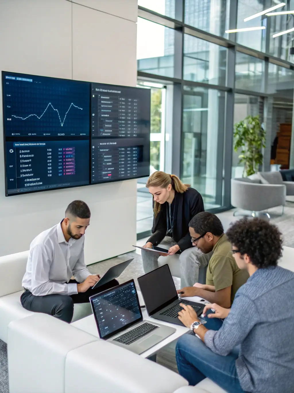 A team of technical experts collaborating on blockchain solutions, showcasing the technical advisory group's role in RFUBI's innovation.