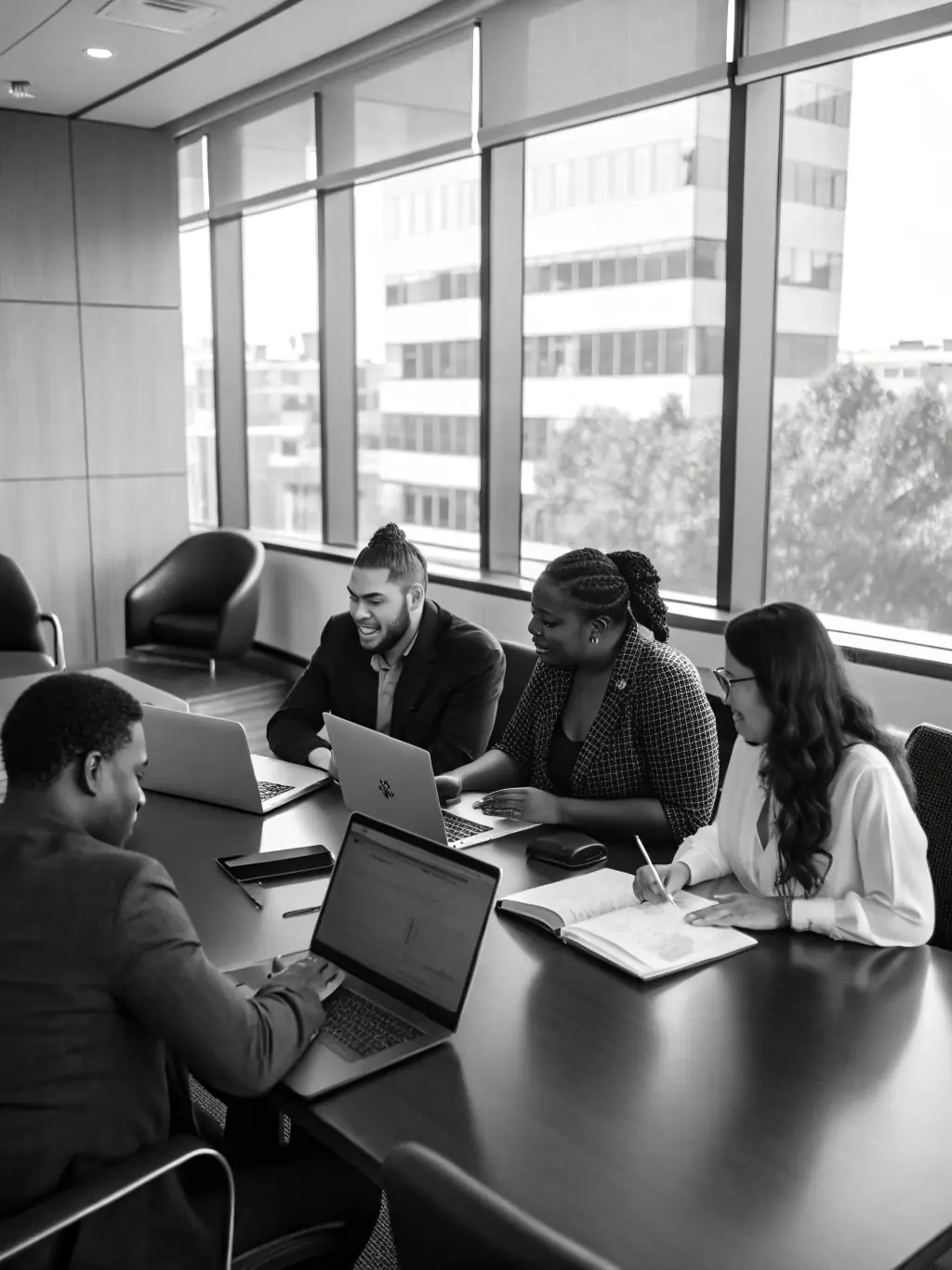 A group of people discussing ethical considerations, representing the ethics council guiding RFUBI's moral compass.